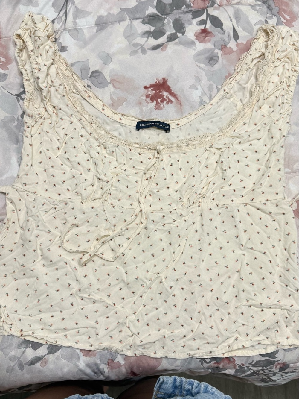 Brandy Melville Cream Tank with Tiny Pink Floral Print